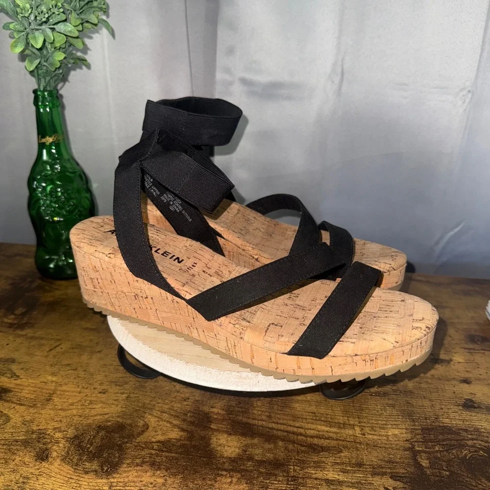 Anne Klein Akalyson Alyson Womens 10.5 M Black Cork Wedge Sandal Beachy Boho
